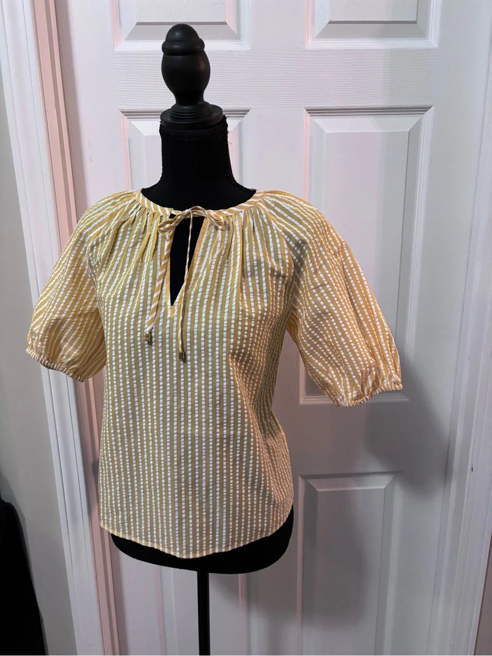 Michael Kors Yellow and White Striped Tie-Neck Blouse